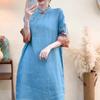 Women New Chinese Style Embroidered Linen Cheongsam Dress Vintage Qipao Midi Dress
