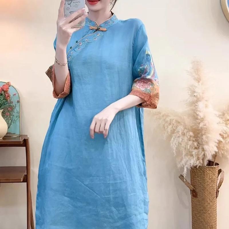 Women New Chinese Style Embroidered Linen Cheongsam Dress Vintage Qipao Midi Dress