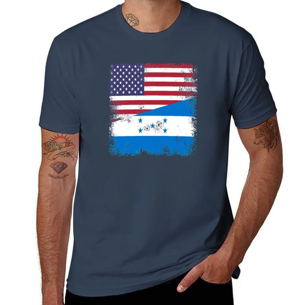 Half Honduran Flag Design Vintage Honduras USA Gift T-Shirt Plus Size Workout Short Sleeve Top