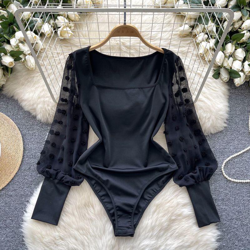 

and American Sexy Gyaru Heavy Industry Flower Embroidery Mesh Long sleeve Patchwork Waist Hugging Slimming Bottoming Square Collar One-Piece Top Black L