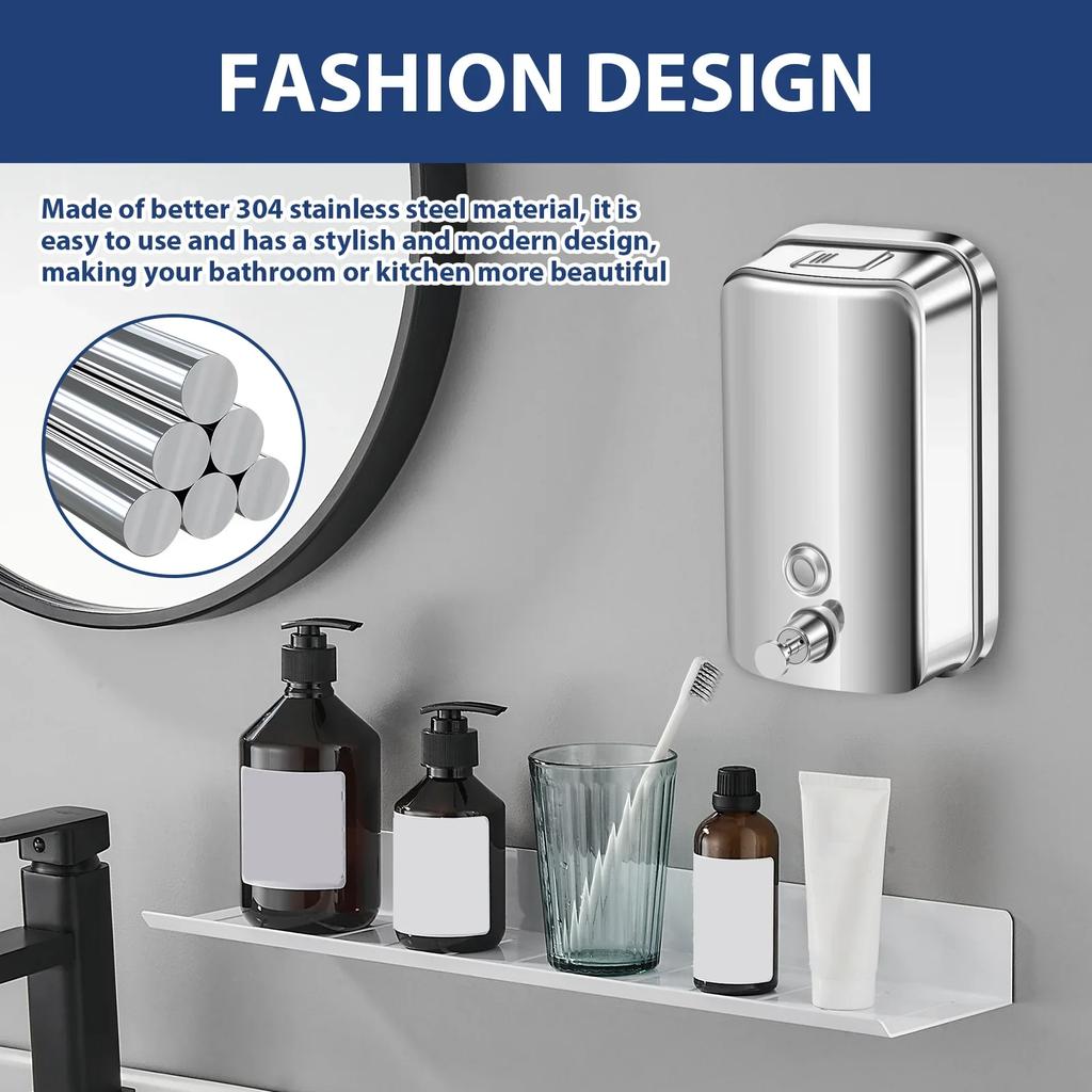 1000ML Soap Dispenser Stainless steel Wall Mount Bathroom Liquid Soap Detergent Shampoo Shower Gel Storage Bottle Toilet Kitchen