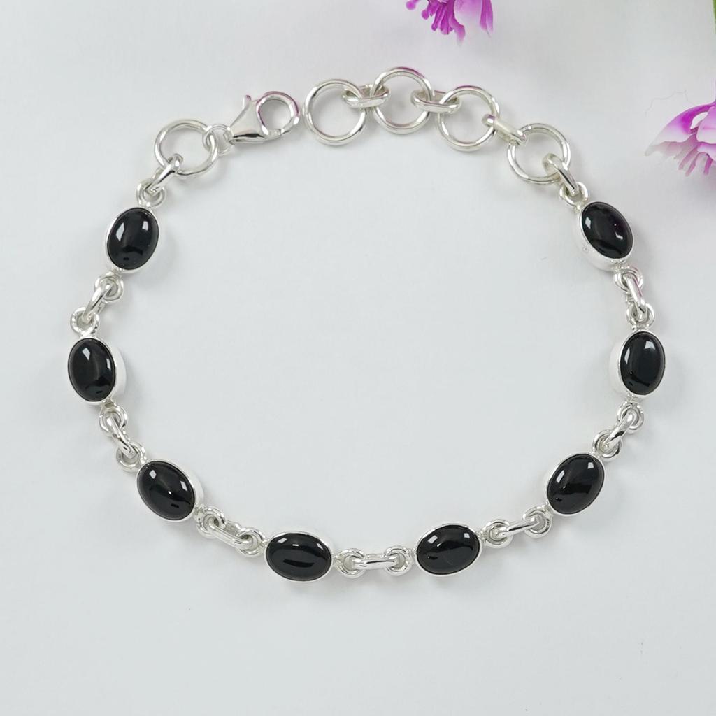 Natural Black Onyx Bracelet, Handmade Bracelet for Women, 925 Sterling Silver Bracelet, Wedding Bracelet, Black Gemstone