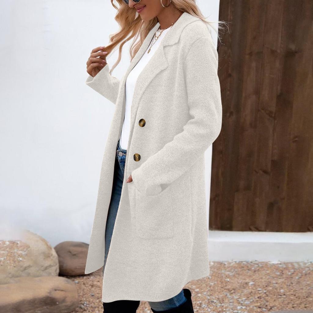Women's Lapel Long Sleeve Mid-Length Woolen Coat Loose Fit Casual Fall Winter Blazer Jacket