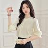 Autumn Fashion New 2024 Long Sleeve Beading O-Neck Apricot  Chiffon Blouse Shirt Women Tops Blouses Shirts J419