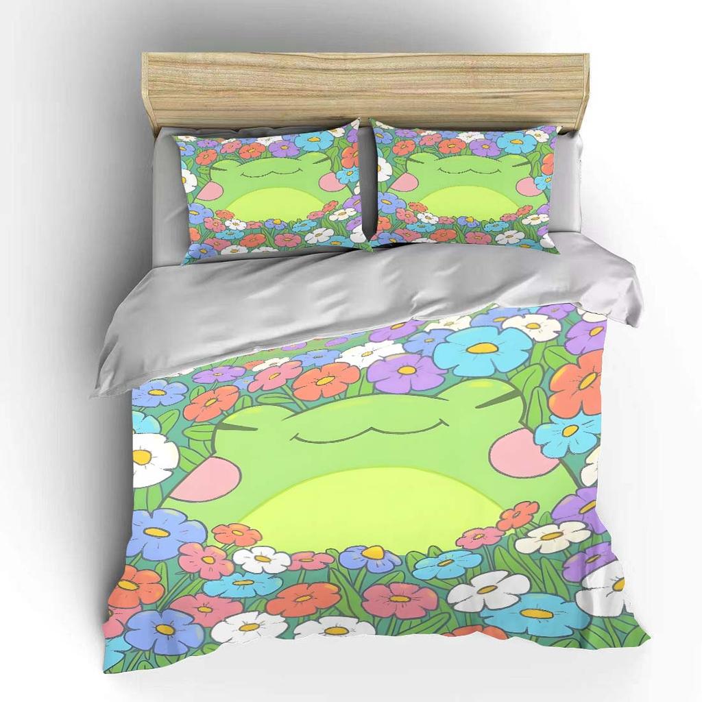 3PC Green Frog in Colorful Flowers Print Bedding Set 1 Duvet Cover 2 Pillowcases for Adult and Children Luxury Gift Full Size