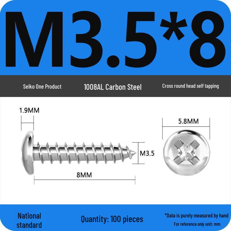 Galvanized Self-Tapping Screws, Round Head, White Zinc, PA Cross Pan, Pointed Tail M1.2-M4