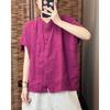 Women's Stand Collar Linen Blend Shirt Loose Thin Short Sleeve Button Down Vintage Casual Summer Blouse