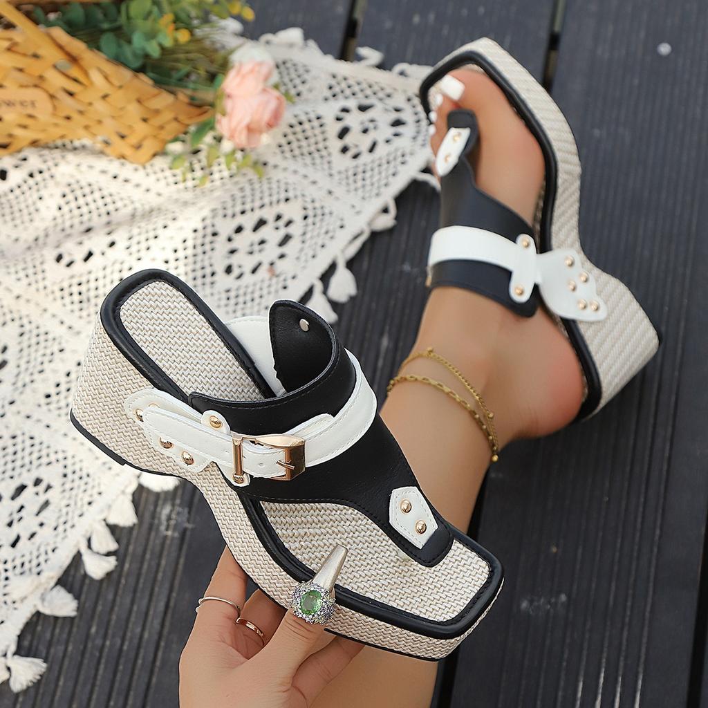 Ladies' Thick Soled Wedge Sandals with Metal Nail Buckle Design - Square Toe Breathable Fabric Cover, Shock-absorbing Rubber Sole, Non Slip Shoes
