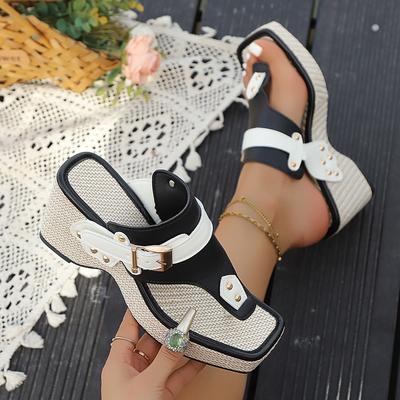 Ladies' Thick Soled Wedge Sandals with Metal Nail Buckle Design - Square Toe Breathable Fabric Cover, Shock-absorbing Rubber Sole, Non Slip Shoes