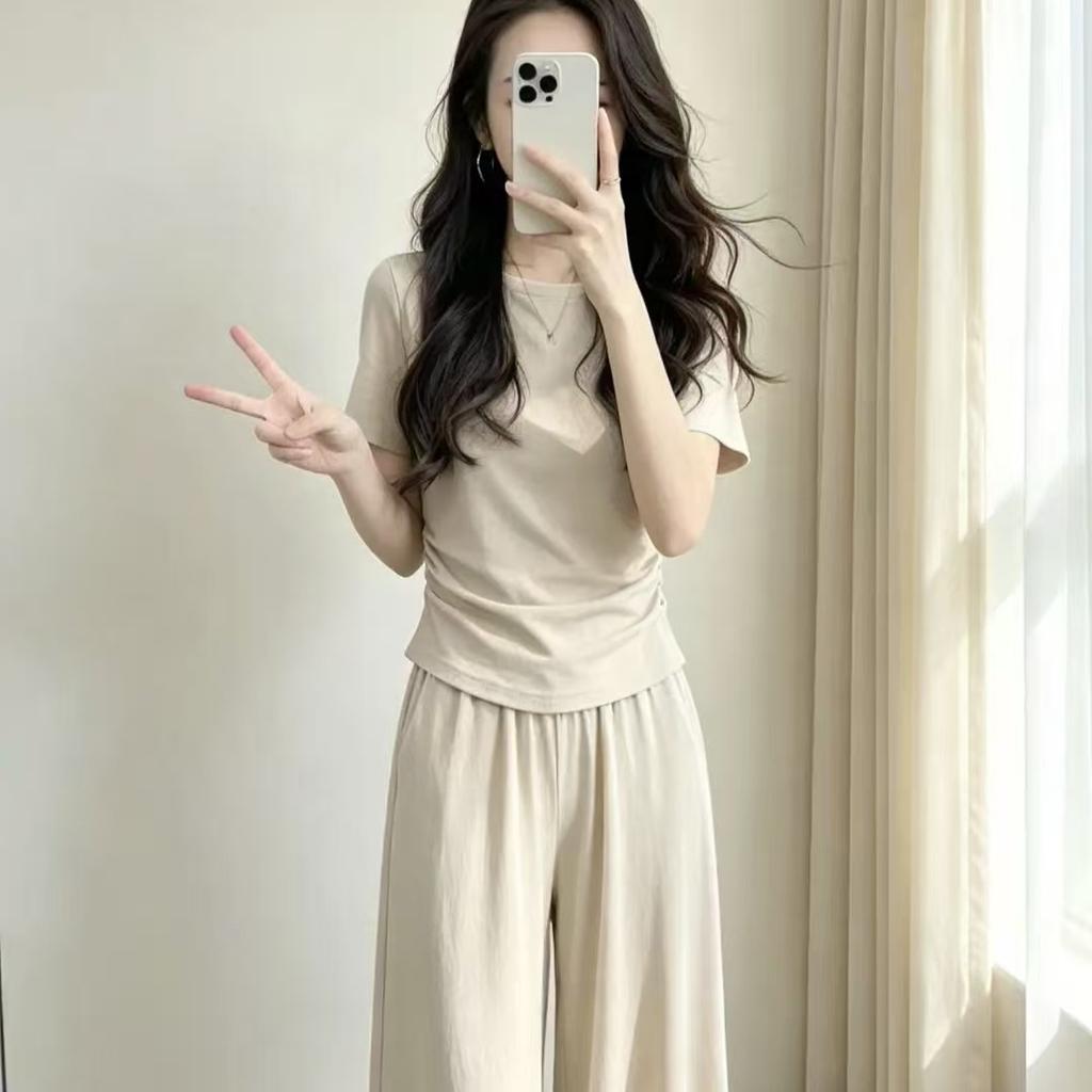 Summer Sports Small Casual Fashion Sports Suit 2026 Thin Meat Cover Short-sleeved Wide-leg Pants Two-piece Set Women