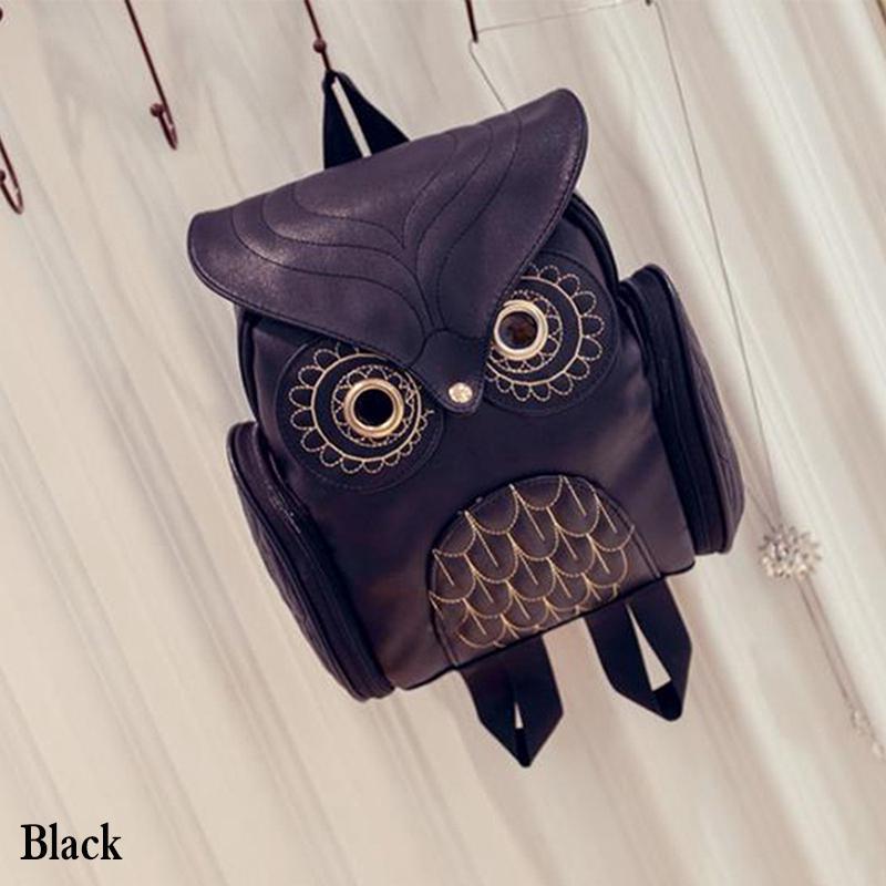 Women Backpack Stylish Cool Black PU Leather Owl Backpack Female Women Shoulder Bag