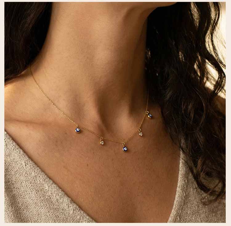Stainless Steel Blue Evil Eye Necklace, Dainty Cubic Zirconia Devil's Eye Pendant Choker Necklace for Women Fashion Gift
