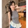 French Plaid Sleeveless Halter Vest with Irregular Puffy Hem for Women