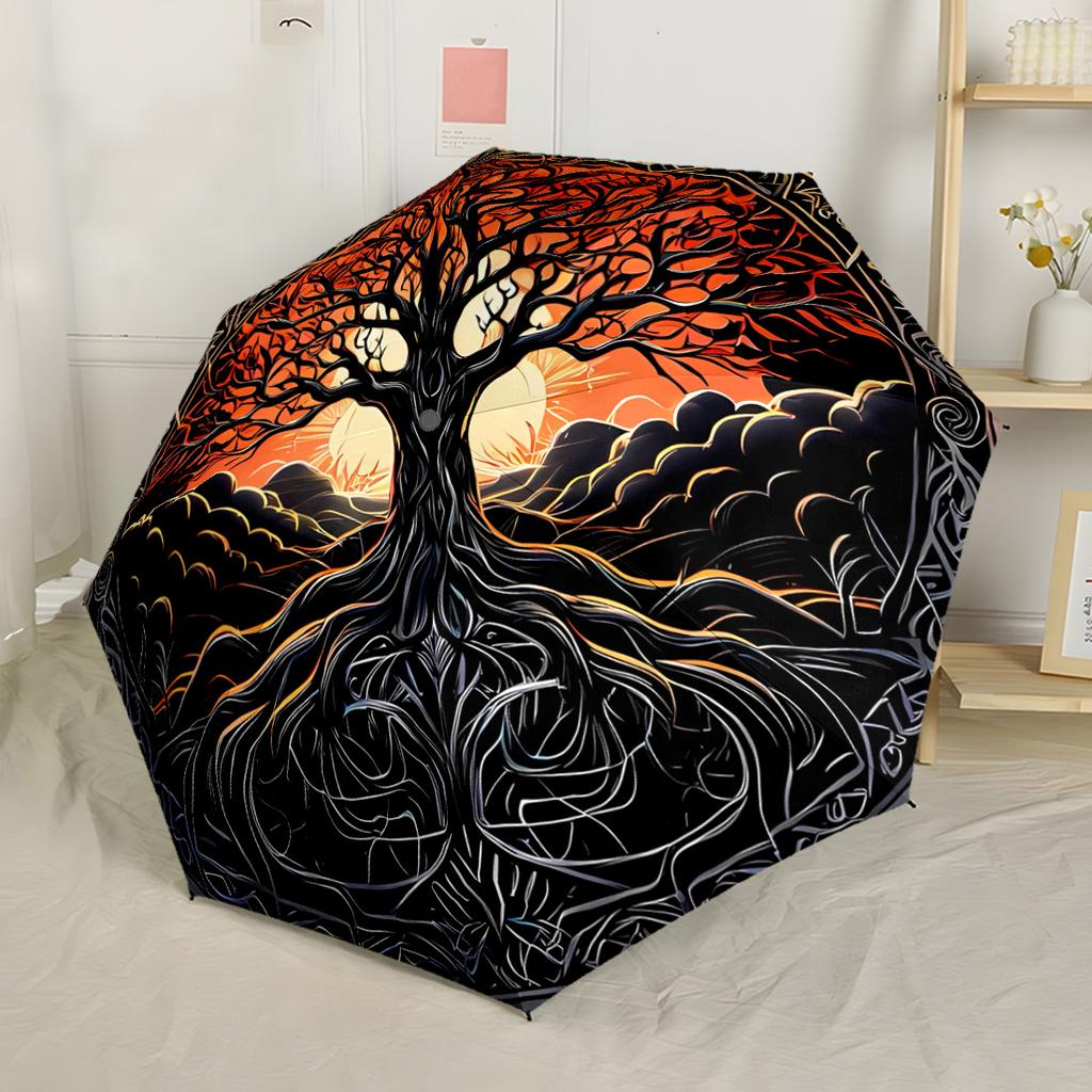 Heiliger Baum Mandala Automatischer Regenschirm Stabiler 8-Speichen-Schaft Robuste Konstruktion für Damen/Herren Modefans Geschenk für Festivals