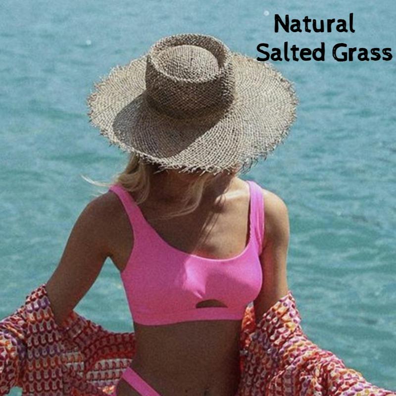 My Extreme Outdoor Activities Women's Summer Hollow Natural Salty Grass Sun Hats Handwoven Concave Top Large Brim Straw Hat Breathable Vacation Panama Beach Hat 56-58Cm