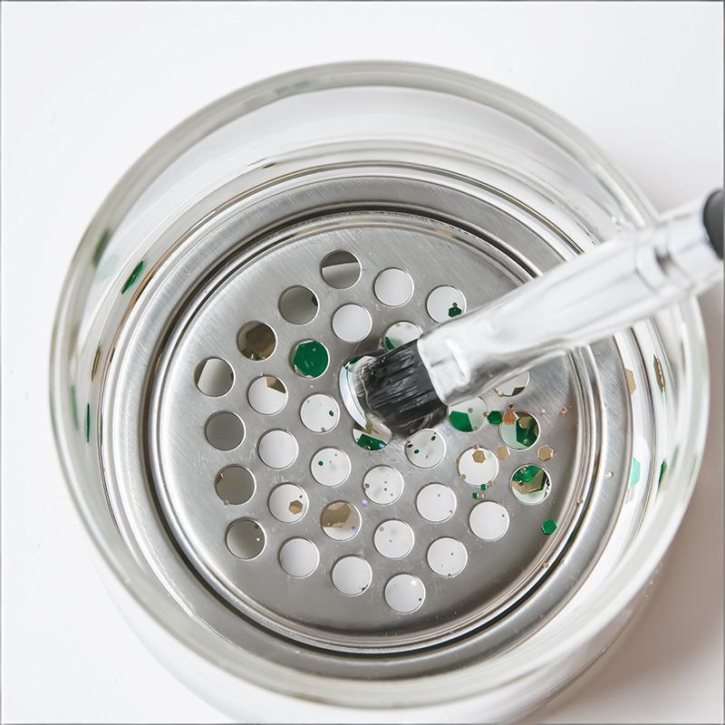 Transparent Glass Nail Brush Cleaner Cup Round With Wood Lid Brushes Washing Cup Stainless Steel Mesh Nail Brush Cleaner