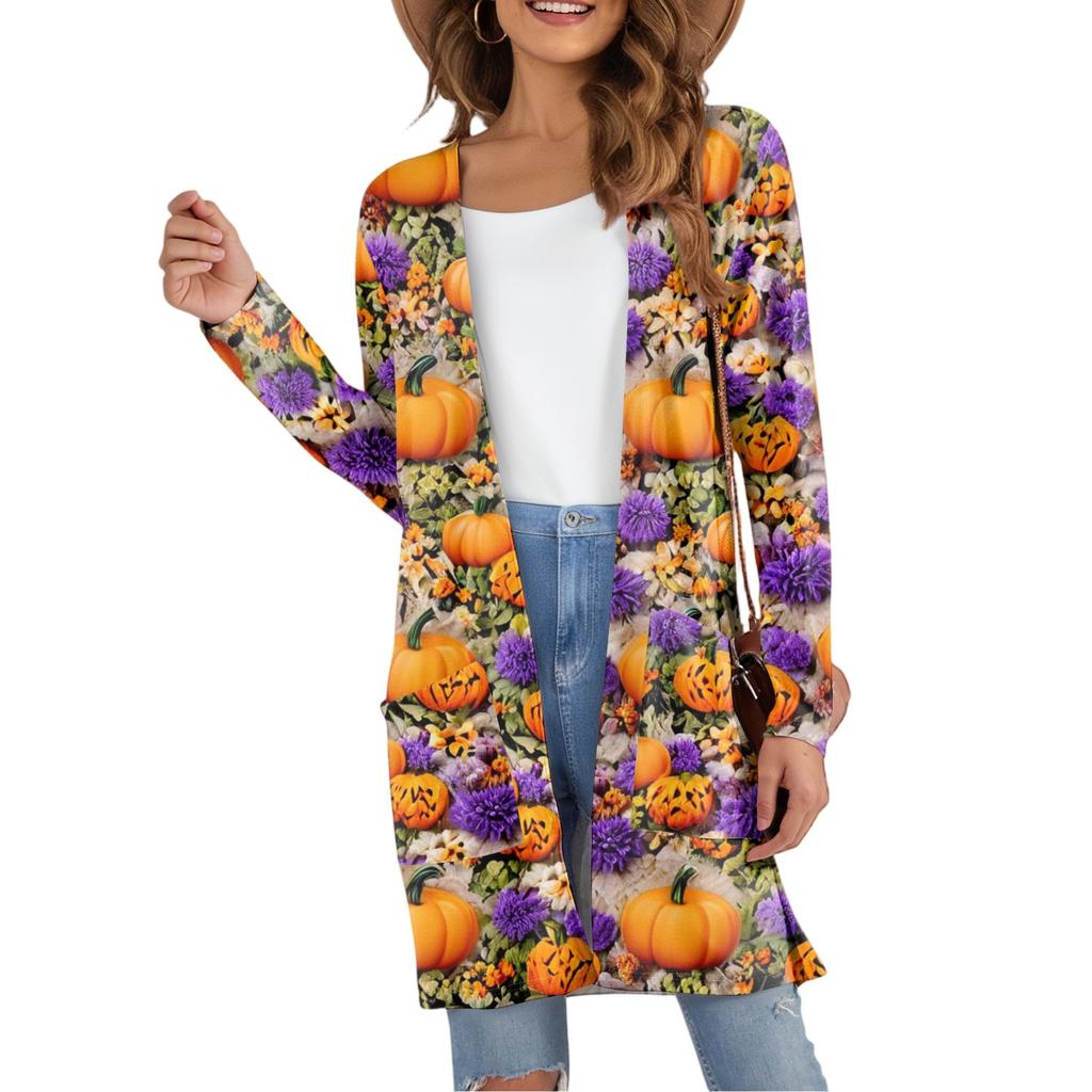 Women's Fashion Casual Comfortable Halloween Printed Mid-Length Cardigan With Pockets Jacket