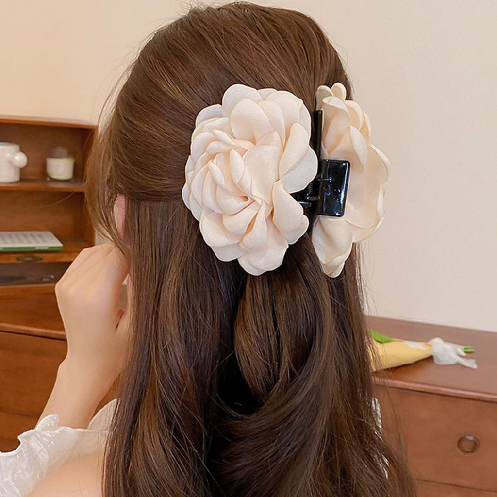 Vintage Solid Color Fabric Fashion Girl Hair Claw Hair Accessory Three-Dimensional Rose Flower Women's Hairpin Elegant Shark