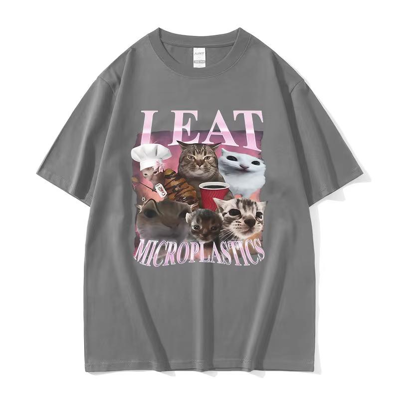 I Eat Microplastics Funny Cat Meme T Shirt Unisex Women Aesthetic Clothing Short Sleeve Tshirts Retro High Quality Cotton Tshirt