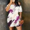 Women Plus Size Off Shoulder Short Sleeve Blue Gold Marble Printed Loose Romper With Side Pockets