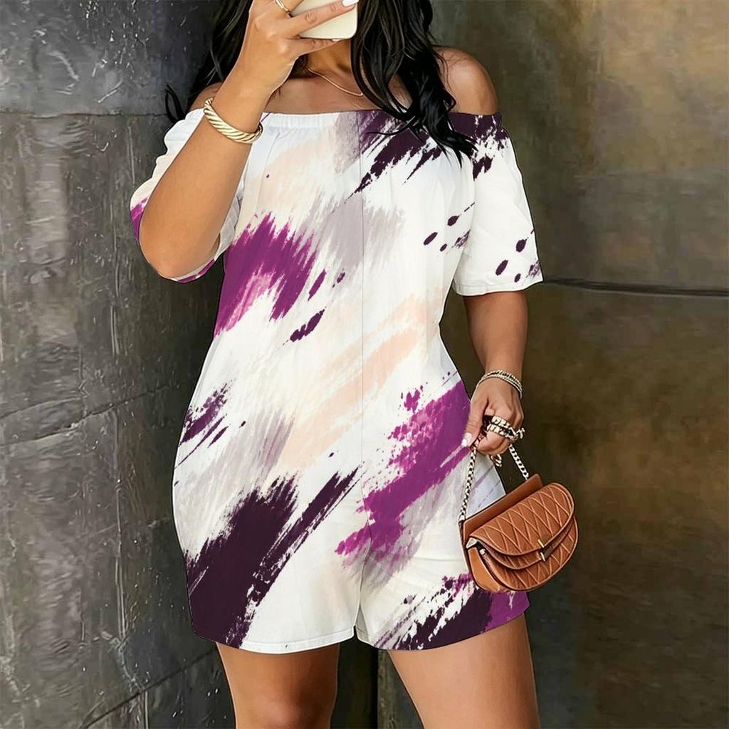 Women Plus Size Off Shoulder Short Sleeve Blue Gold Marble Printed Loose Romper With Side Pockets
