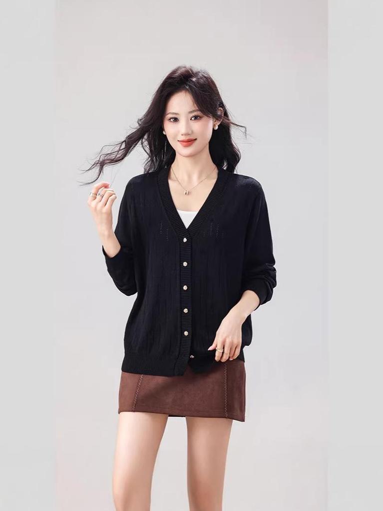 Plus Size Women's Knit Cardigan - Single-Breasted, Hollow-Out, Solid Color, Versatile for Spring/Autumn