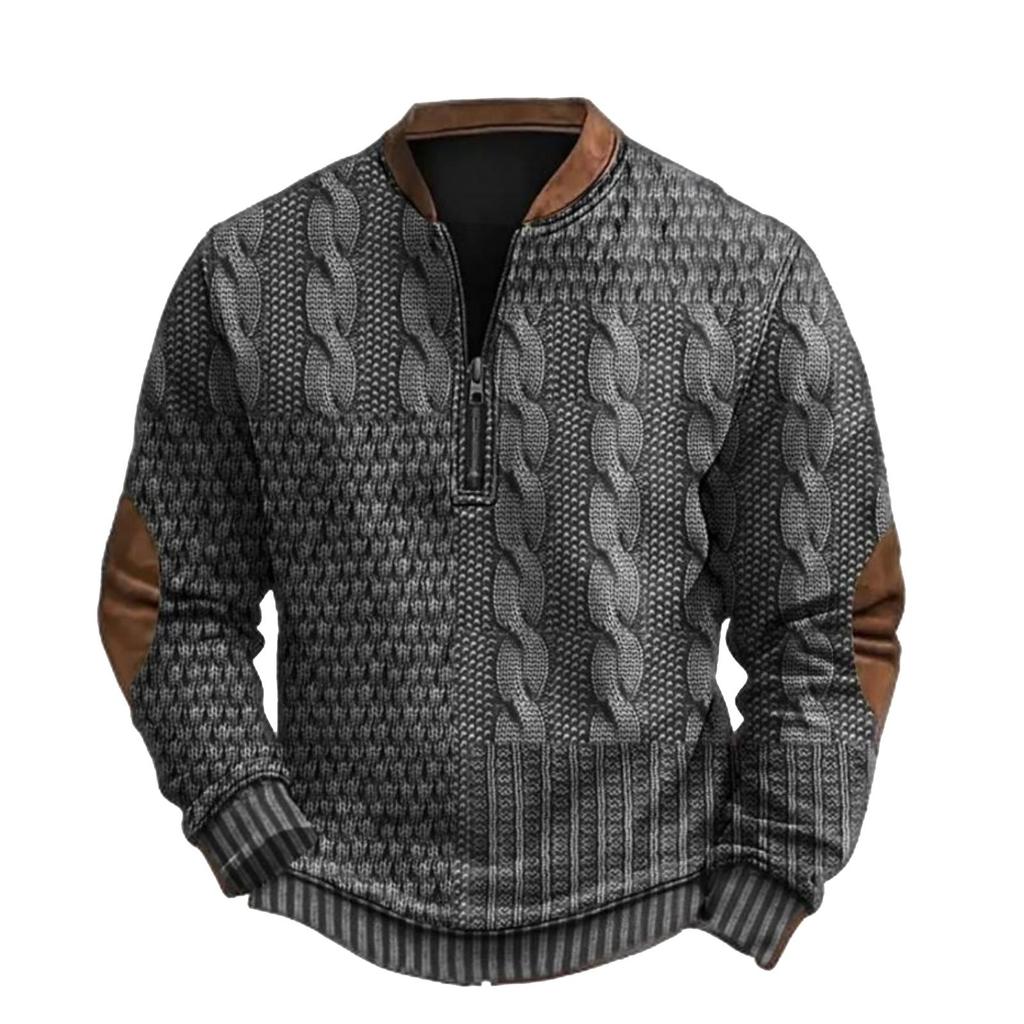 Men's Casual, Trendy, Retro American- Printed Round-neck Long-sleeved Half-pull Hoodie
