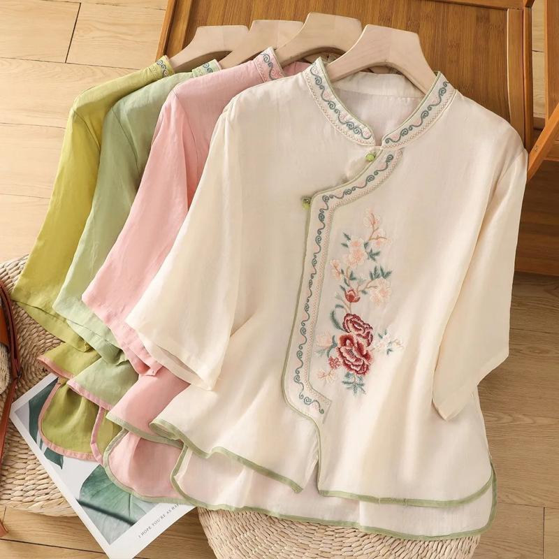 Summer Cotton and Linen Literary and Retro Embroidered Shirt Disc-buckled Stand-up Collar Seven-quarter Sleeve Pullover Top