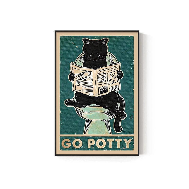Retro Kitten Cartoon Canvas Painting Bathroom Toilet Poster Toilet Children's Room Decoration Painting for Modern Living Room Asian Style Home Decor