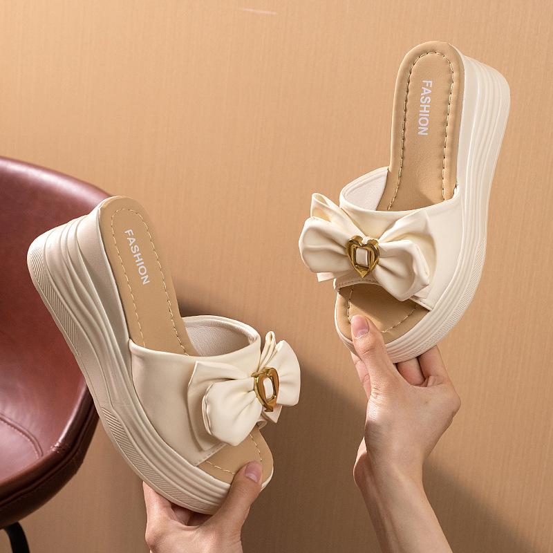 

Женские летние шлепанцы на высоком каблуке, платформа, уличная мода, обувь на танкетке, шлепанцы с перемычкой, универсальные туфли-маффины с бантом 40