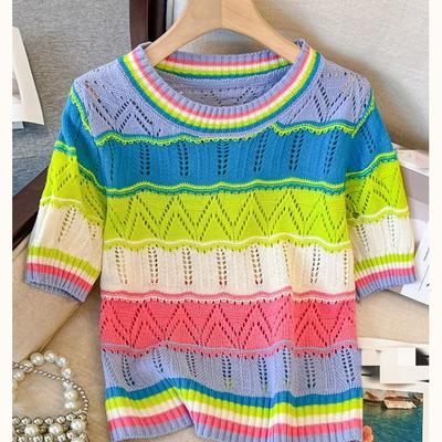 Camiseta de Verano con Calados y Ojales Rayas Arcoíris Camiseta Casual de Cuello Redondo Manga Corta Ropa para Mujer Crop Top