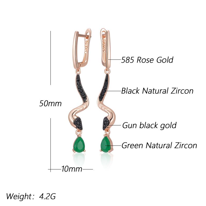 Green Natural Zircon Snake Drop Earrings For Women  Rose Gold And Black Plating Vintage Animal Daily Punk Jewelry