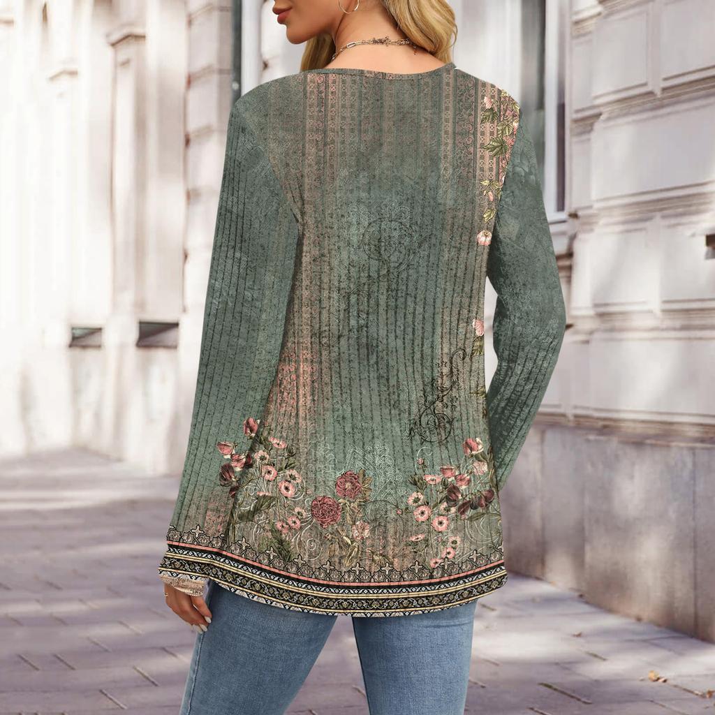 Women's Fashion V-Neck Button-Up T-Shirt With Floral Print Long-Sleeved Top