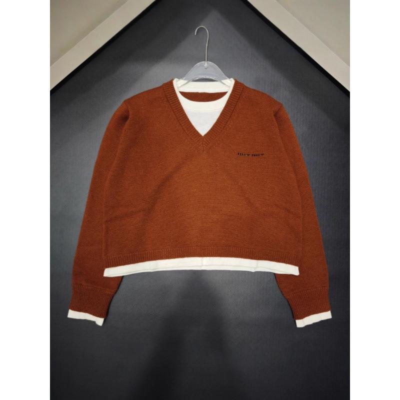 Women s Early Autumn Knit Sweater - Fake Two-Piece, Round Neck, Long Sleeve Small темно-коричневого