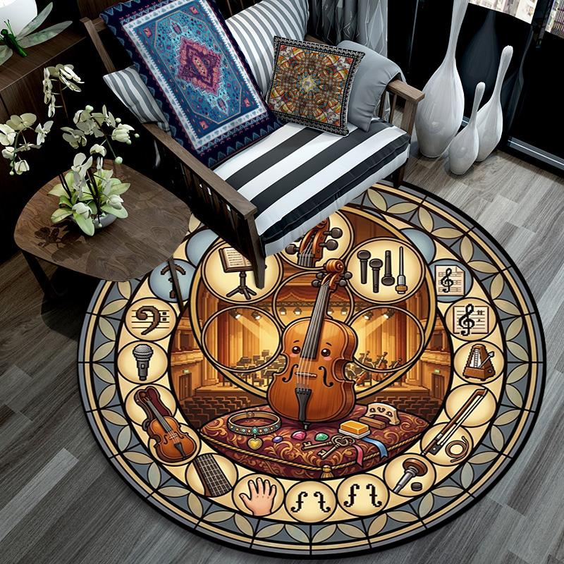Music Instrument Symphony Round Area Rug Under Office Chairs Bedroom Living Room Home Decor
