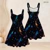 Women Plus Size Off Shoulder Sleeveless Strappy Dress Black Galaxy Printed Fitted Waist Flared Hem