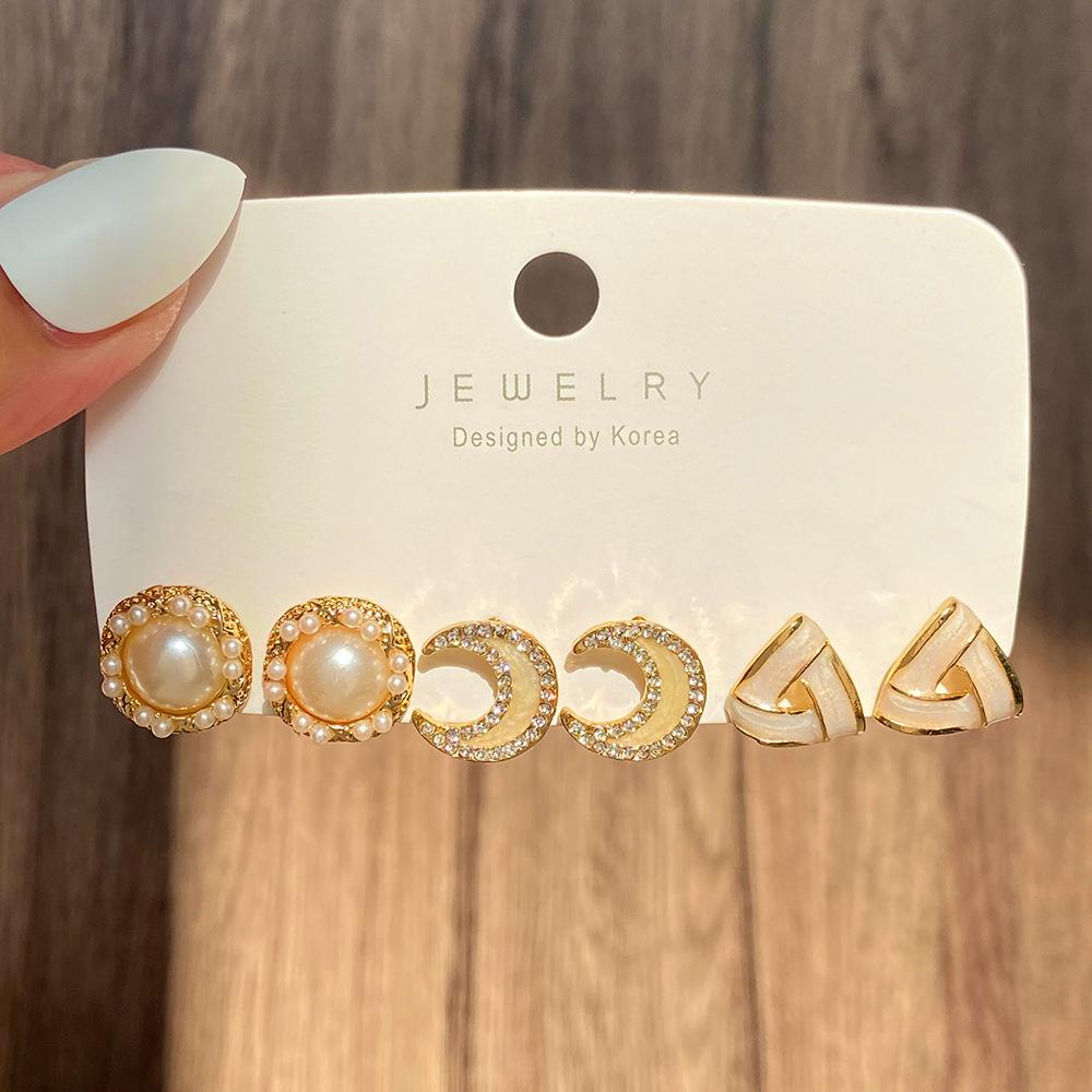 New ins bow fishtail pearl moon stud earrings with diamonds fashion temperament geometric earrings set