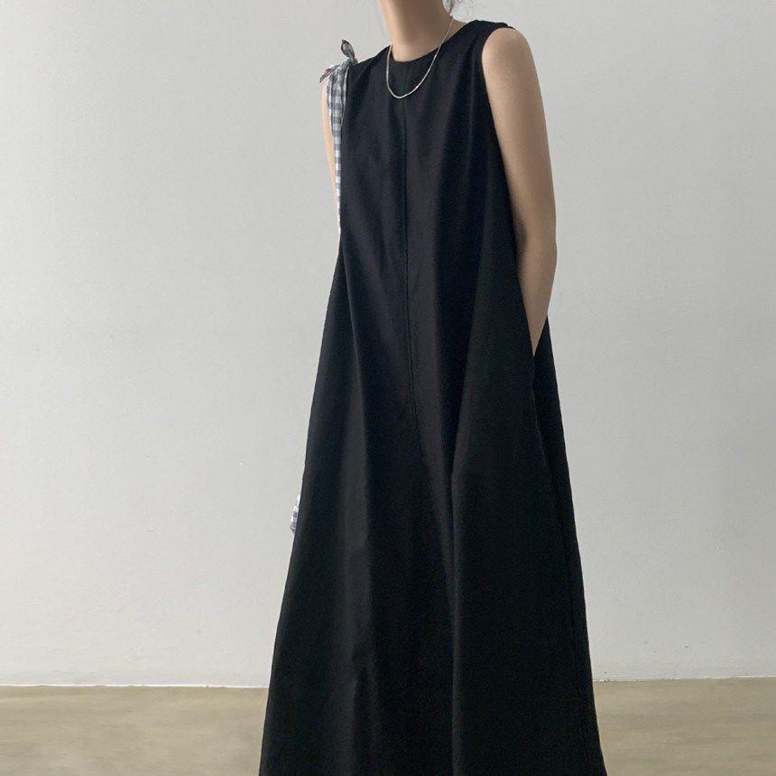 Korean Sleeveless Loose Fit Cotton Linen Dress with Wide Hem