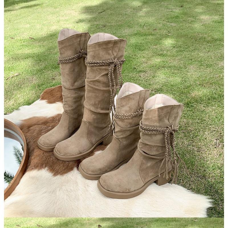 Fashion Retro Pleated Stack Boots Women's Fall New Round Toe Suede Cover Thick Heel Shoes Woven Strap Non-slip Block Heel Mid-leg Boots