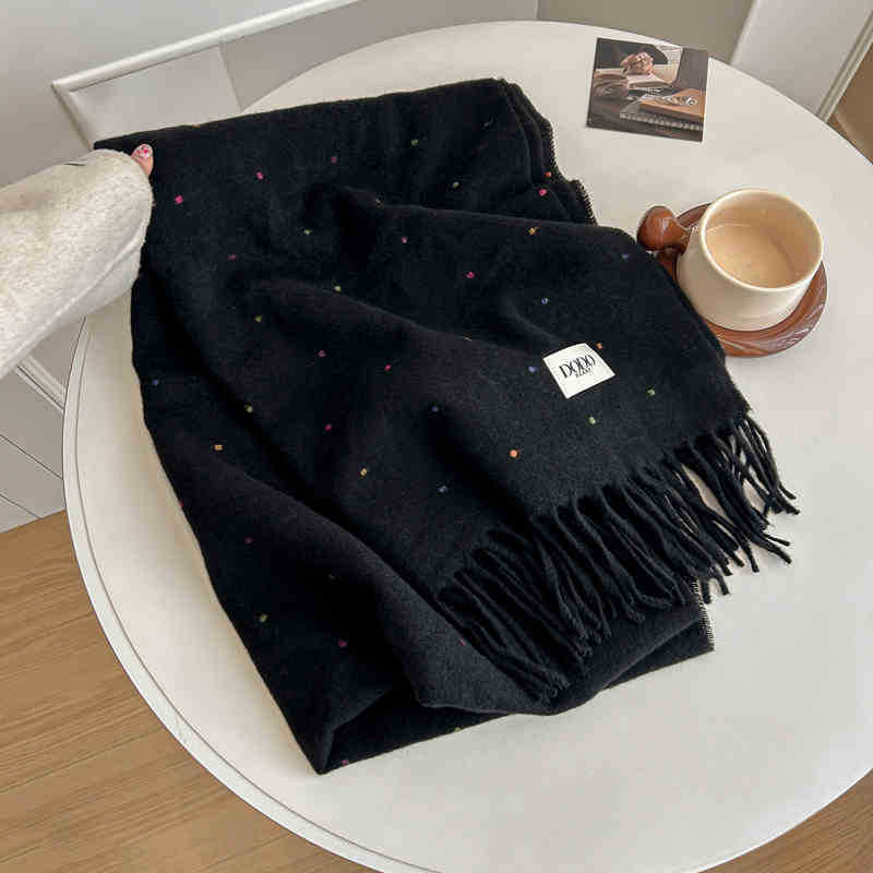 Solid Color White Scarf Women's Autumn and Winter New Polka Dot Tassel Korean Version Shawl Dual-purpose High-end Scarf