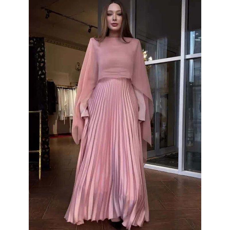 Cross-Border 2025 Autumn Pink Pleat Temperament Waist Hugging Long sleeve Pleated Big Hemline Dress Long Wrap Set Dress