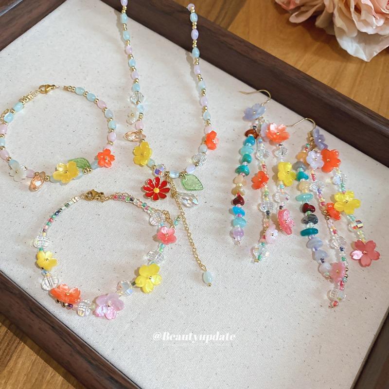 Summer Limited~ Crystal Stone Beaded Resin Flower Bracelet Necklace Ear Hook Set Dopamine Sweet Jewelry