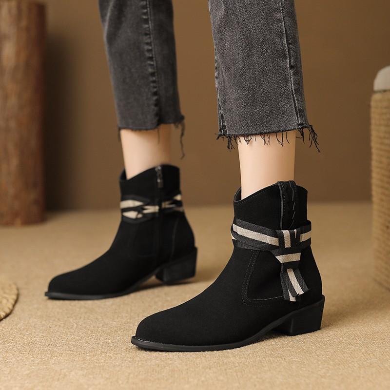 

Frosted leather short boots women s 2024 autumn and winter new soft leather mid-heel thin western boots retro square and versatile Martin boots 40 чёрный