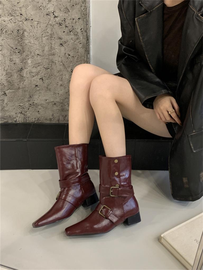 Retro thick heel square head western cowboy boots women's middle heel 2025 autumn new belt buckle women's boots