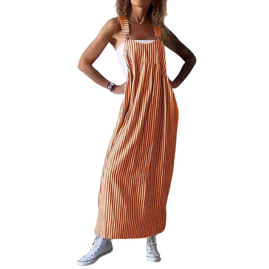 

Women s Yellow and White Striped Sleeveless Long Maxi Dress with Wide Straps S оранжевый