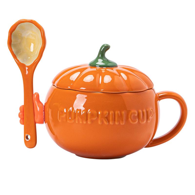 Adorable Pumpkin Ceramic Mug Set with Lid & Spoon for Students