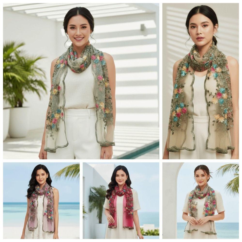 Embroidered Boho Floral Headwrap Breathable Translucent Long Lace Scarf Lightweight Scalloped Ethnic Sheer Shawl Sun Protection