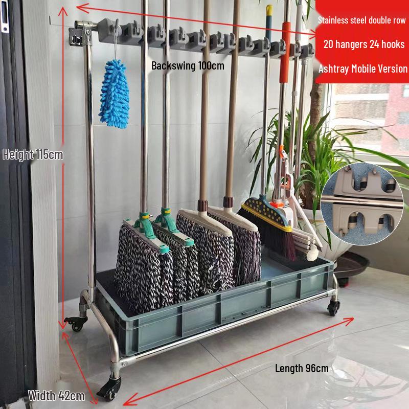Movable Stainless Steel Mop & Broom Hanger - Floor-Standing Punch-Free Storage Rack for Balcony & Bathroom
