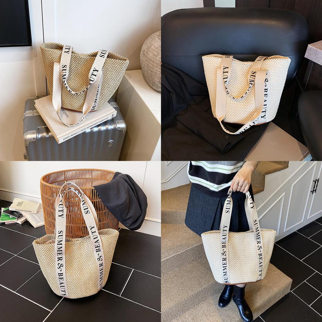 Woven Straw Shoulder Bag With Zipper Closure For Beach And Holiday Use