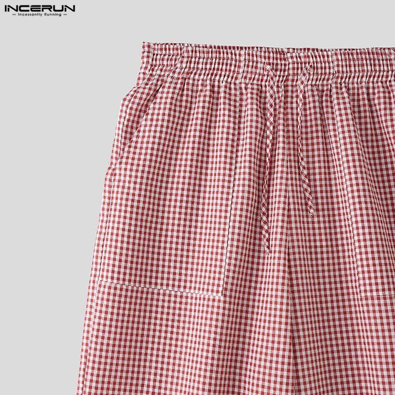 INCERUN Men Drawstring Elastic Waist Plaid Print Casual Long Wide Leg Pants Trousers